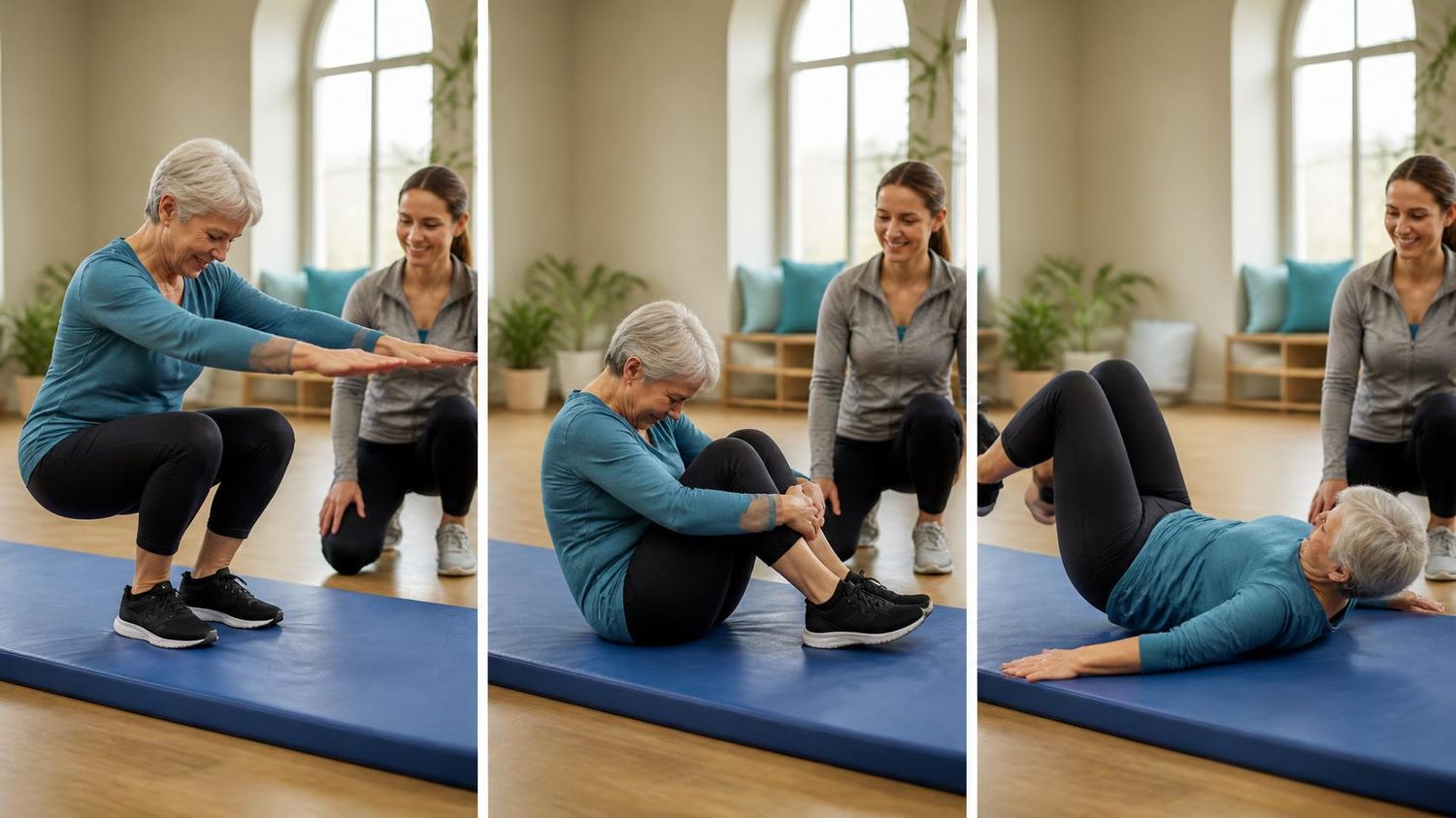 Three panels of an older woman practicing a squat, a seated hold and a floor exercise on a padded mat while her coach watches
